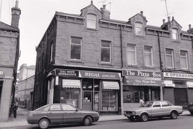 Do you remember White's newsagents and The Pizza Parlour next door? Pictured in November 1988.