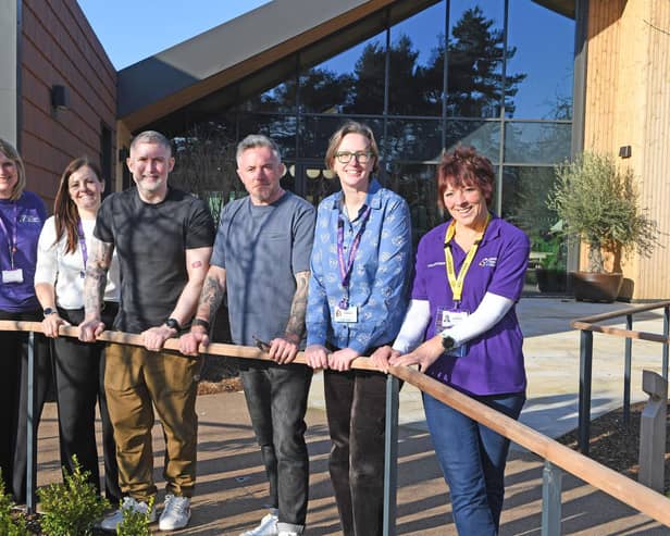 Crewmembers Mike Bates and Gareth Timmins with Sarah Griffin - Director of Communications at Leeds Hospitals Charity, Julia Day - Volunteer, Gail Chapman - Event Fundraiser and Jenna Jordan - Clinical Nurse Specialist.