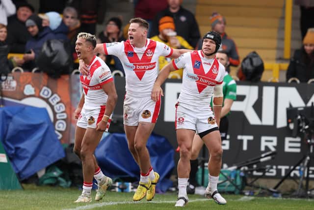 St Helens celebrate Tee Ritson's try. (Photo: John Clifton/SWpix.com)