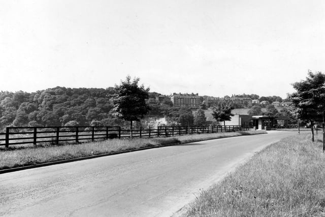 Looking south-west along Grove Lane towards the Spot Garage opposite the junction with Winthorpe Street in  July 1948.  In the background is Batty's Wood and large houses can be seen on the top of the hill; the largest building is Grange Court, an Edwardian apartment building which stands today at the end of North Grange Mount on The Ridge