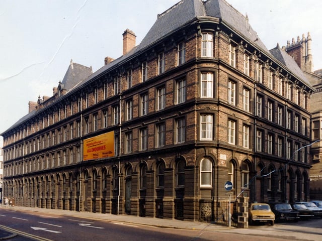 View of Quebec Street showing the junction with Toronto Street, right. Quebec Street opened in 1872 and was named in memory of General Wolfe who captured Quebec in Canada in 1759 but was killed in the Battle Plains of Abraham. The photograph dates from 1979 when office space was being advertised with a large "All Enquiries" sign. Towards the end of the nineteenth century the corner buildings at the junction of Toronto Street and Quebec Street were occupied by the firm of G.H. Roberts & Co., manufacturer and merchants of textiles. It is addressed in the Slater's Directory of Leeds and District for 1890 as number 10 Toronto Street. George Herbert Roberts also had premises at Beeston Hill and St. Lukes Road in Beeston. The partnership he had with his brother Edwin Roberts was dissolved in 1892. These buildings are now demolished and were replaced by Cloth Hall Court between 1980 and 1983.