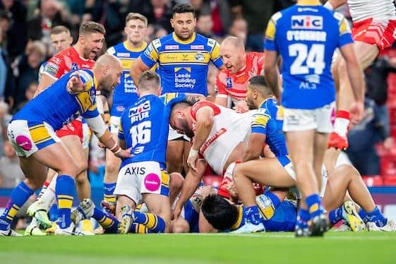 Konrad Hurrell scores for St Helens in their Grand Final win over his former club Leeds. Picture by Allan McKenzie/SWpix.com.