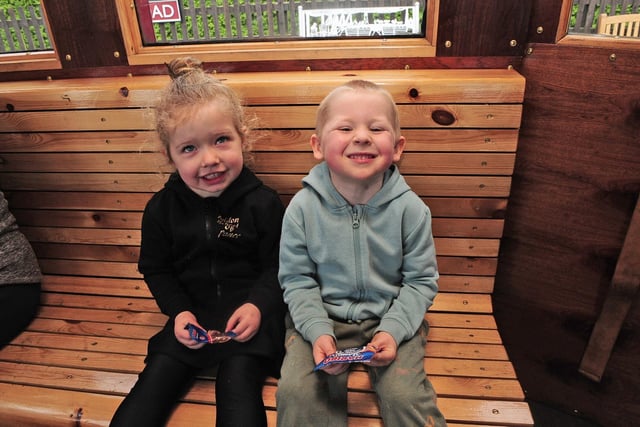 Shelby , three, and Noah Clark, five of Beeston enjoy the train ride. (pic by Steve Riding)