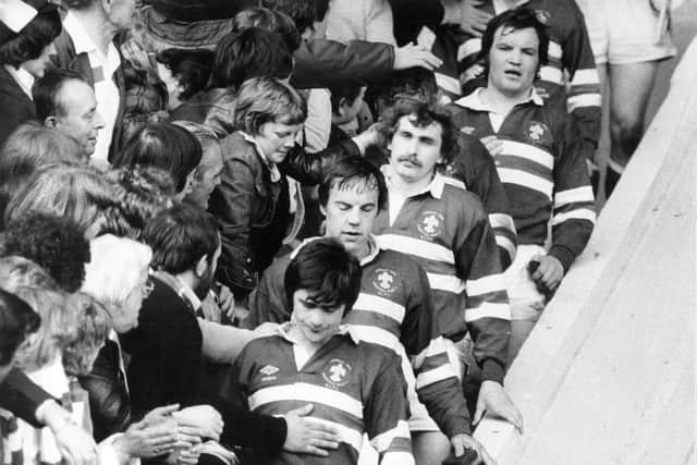 Wakefield Trinity players Dave Topliss, Graham Idle, Andrew Fletcher and Mike Lampowski troop down the Wembley steps after their 1979 defeat by Widnes, which was the last time the club reached a major final. Picture by YPN.