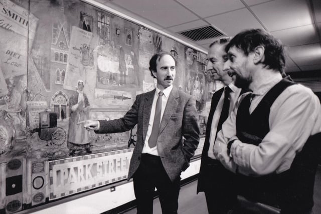 The history of medicine in the city was vividly recorded in this giant work of art unveiled at Leeds University in November 1989. The 28ft-long mural by Yorkshire artist Brian Holmes was located in the students' common room at the Leeds School of Medicine in the Worsley building. It depicted historical landmarks such as the school's founding in 1831, the first use of anaesthetics for operations, Sir Clifford Allbutt's invention of the clinical thermometer and advances in abdominal surgery by Lord Moynihan. Pictured, from left, are medical school secretary Bill Mathie,, dean of posgraduate medical education David Wilson and artist Brian Holmes.