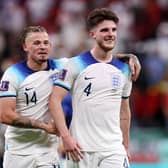 SAFELY THROUGH: Former Leeds United star Kalvin Phillips, left, with Declan Rice after England's 3-0 victory against Senegal in the Qatar World Cup round of 16. 
Photo by Julian Finney/Getty Images.