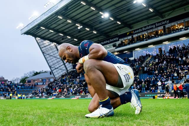 A moment of reflection for hat-trick hero Maika Sivo after Leeds Rhinos' 22-4 win against Castleford Tigers at AMT Headingley. Picture by Allan McKenzie/SWpix.com.