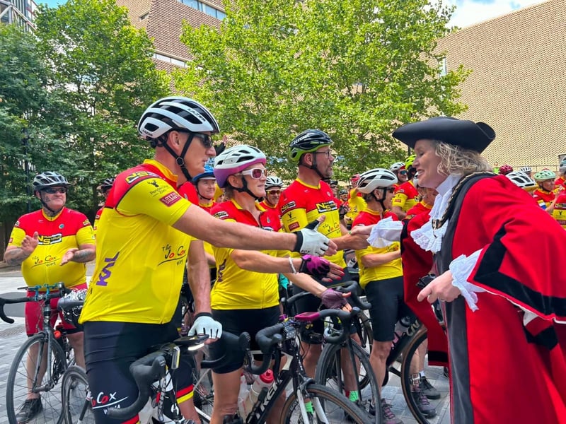 The riders are greeted by the Lord Mayor of Southwark, Claire Sheppard.