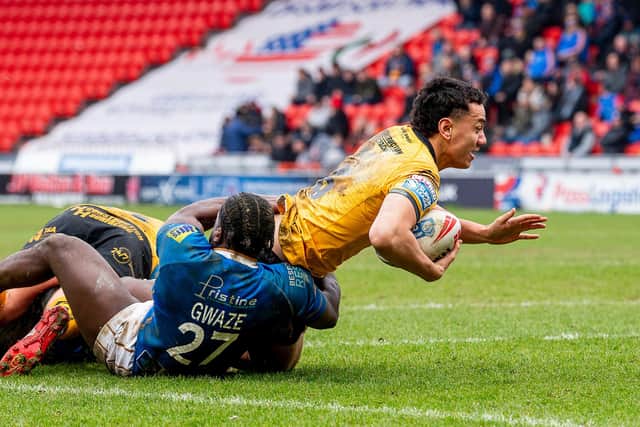 Daejarn Asi, seen being tackled by Tutus Gwaze during last week's Betfred Challenge Cup win at Doncaster, is one of Castleford Tigers' remaining players from their 2025 squad. Picture by Allan McKenzie/SWpix.com.