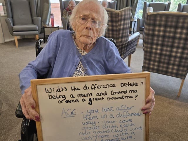 Resident Elsie Pollitt at Ashworth Grange Care Home sharing Mother’s Day wisdom