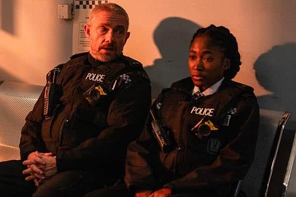 Chris (Martin Freeman) gives some advice to colleague Rachel (Adelayo Adedayo) in the new series of The Responder (Picture: BBC/Dancing Ledge)