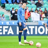 TEAM MATES: Real Sociedad's Alexander Sorloth, right, with Norway international strike partner Erling Haaland in the warm up before September's Nations League clash against   Slovenia in Ljubljana. Photo by JURE MAKOVEC/AFP via Getty Images.