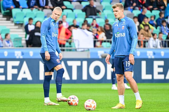 TEAM MATES: Real Sociedad's Alexander Sorloth, right, with Norway international strike partner Erling Haaland in the warm up before September's Nations League clash against   Slovenia in Ljubljana. Photo by JURE MAKOVEC/AFP via Getty Images.