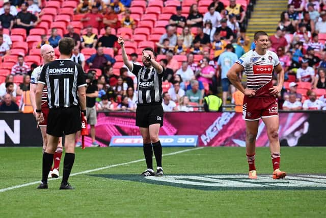 Sam Walters is sent-off by referee Liam Moore during Wigan Warriors' Challenge Cup final win against Hull KR at Wembley. Picture by Olly Hassell/SWpix.com. -