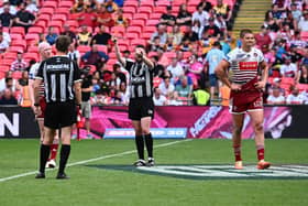 Sam Walters is sent-off by referee Liam Moore during Wigan Warriors' Challenge Cup final win against Hull KR at Wembley. Picture by Olly Hassell/SWpix.com. -