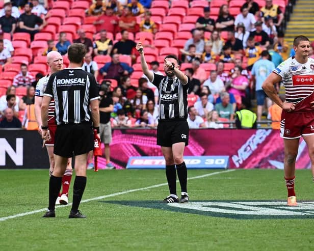 Sam Walters is sent-off by referee Liam Moore during Wigan Warriors' Challenge Cup final win against Hull KR at Wembley. Picture by Olly Hassell/SWpix.com. -