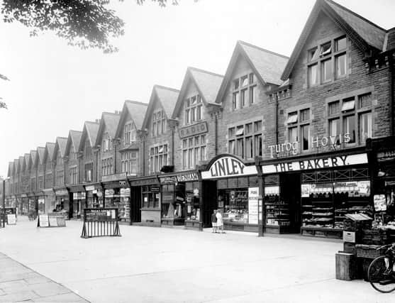 Shops on Street Lane pictured in August 1935. To the left no 39, at the junction with Shaftesbury Avenue ending with No 71 on the right. This is a bakers shop, business of Miss Florence Gadsby.