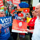 Leave and Remain campaigners face off during the 2016 EU referendum, the centrepoint of the new BBC documentary series Brexit: A Very British Civil War (Picture: BBC/Zinc Television/Alamy/PA Images/Dominic Lipinski)