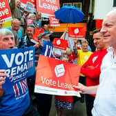 Leave and Remain campaigners face off during the 2016 EU referendum, the centrepoint of the new BBC documentary series Brexit: A Very British Civil War (Picture: BBC/Zinc Television/Alamy/PA Images/Dominic Lipinski)