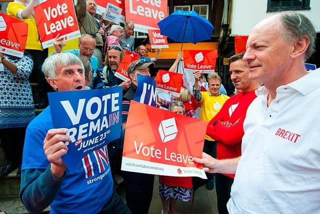 Leave and Remain campaigners face off during the 2016 EU referendum, the centrepoint of the new BBC documentary series Brexit: A Very British Civil War (Picture: BBC/Zinc Television/Alamy/PA Images/Dominic Lipinski)