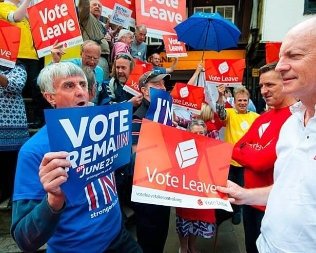 Leave and Remain campaigners face off during the 2016 EU referendum, the centrepoint of the new BBC documentary series Brexit: A Very British Civil War (Picture: BBC/Zinc Television/Alamy/PA Images/Dominic Lipinski)