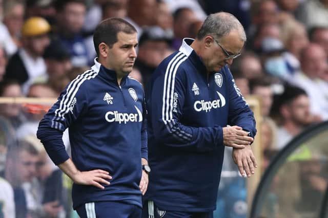 Marcelo Bielsa with assistant Pablo Quiroga. (Photo by Marc Atkins/Getty Images)