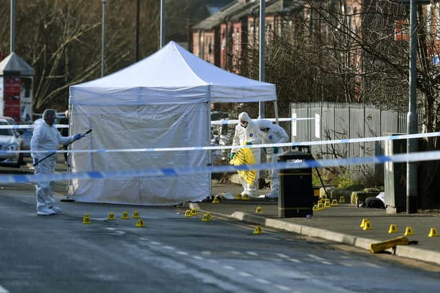 Police forensic officers on Compton Road in Harehills, Leeds.
15th February 2023.