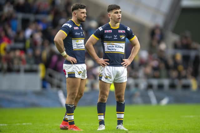Rhinos' Liam Tindall, left, with Jack Sinfield. Picture by Tony Johnson.
