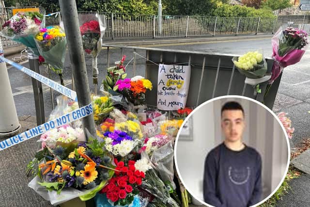 The scene close to the entrance of North Huddersfield Trust School in Woodhouse Hill, Huddersfield, and, inset, Khayri McLean.