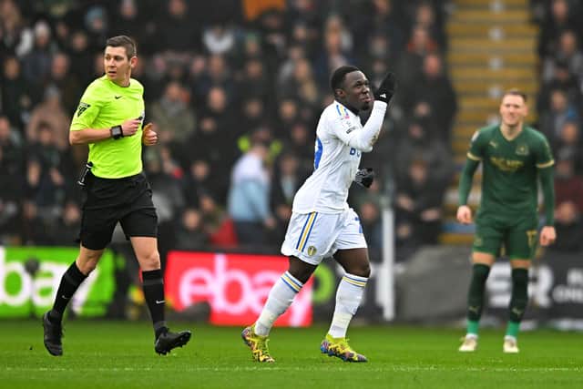 WHITES AIMS: Declared by Leeds United star Willy Gnonto, above, pictured celebrating his opener in Saturday's 2-0 victory against Championship hosts Plymouth Argyle at Home Park. Photo by Harry Trump/Getty Images.