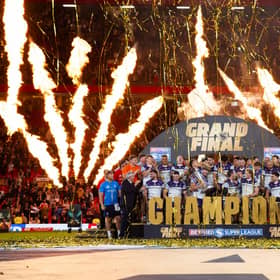 Wakefield Trinity lift the Super League trophy. Picture by Callum Pilkington/SWpix.com.