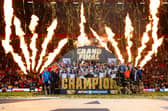 Wakefield Trinity lift the Super League trophy. Picture by Callum Pilkington/SWpix.com.