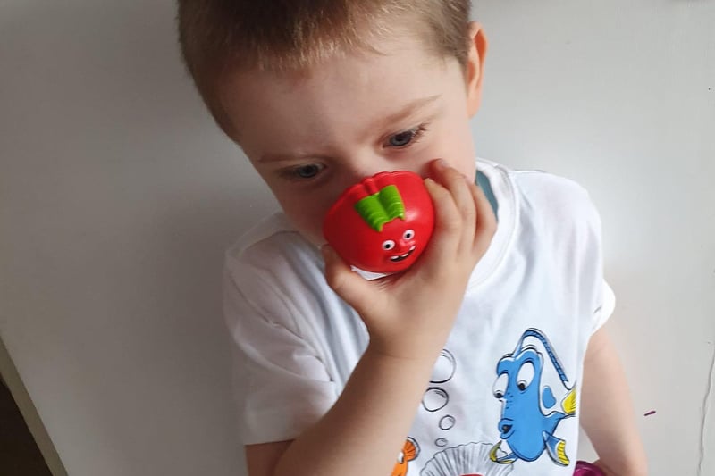 Chloe Rochelle King writes: "My little boy Harley, aged three, in his Red Nose Day top and his red nose, which he had to hold because it was too big for his little nose!"