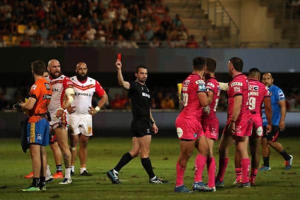 Gil Dudson, the Catalans player on the left of the picture, is sent-off by referee James Child during Rhinos' play-off win in Perpignan. Picture by Manuel Blondeau/SWpix.com.