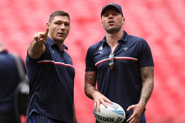 BIG CALL: Hull Kingston Rovers' captain Shaun Kenny-Dowall with Ryan Hall (left) pictured during Friday's Captains' Run at Wembley Stadium ahead of Saturday's Challenge Cup Final. Picture by Paul Currie/SWpix.com