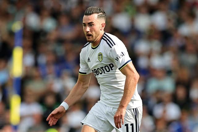 LEEDS, ENGLAND - AUGUST 06:  Jack Harrison of Leeds United runs with the ball during the Premier League match between Leeds United and Wolverhampton Wanderers at Elland Road on August 06, 2022 in Leeds, England. (Photo by David Rogers/Getty Images)