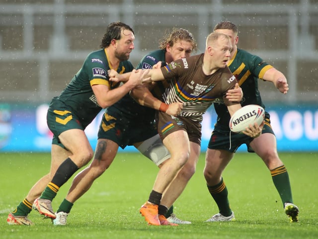Craig McShane, who made a sensational try-saving tackle early in the game, in action for Hunslet ARLFC against West Hull in the National League Premier Division Grand Final.