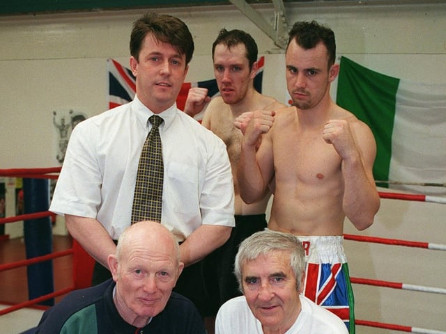 Boxers at Smokies Gym in Burley in September 1998. Back row, from left, are Keith Walker (promoter, Jamie Warters and James Lowther. Front row, from left, are Vince Flynn (coach) and Terry O'Neill (coach manager).