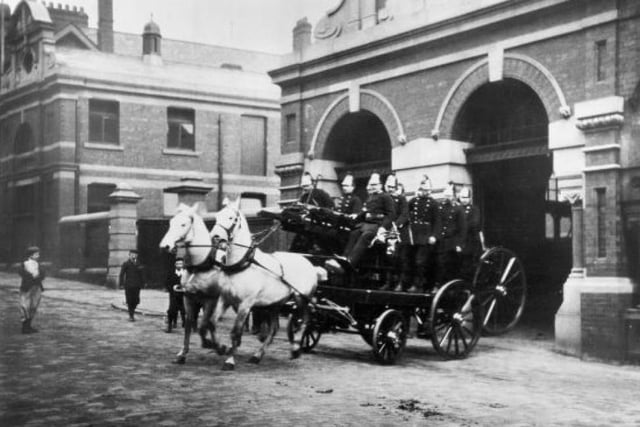 This picture shows Leeds firefighters on a two-horse drawn pump in the 1880s.