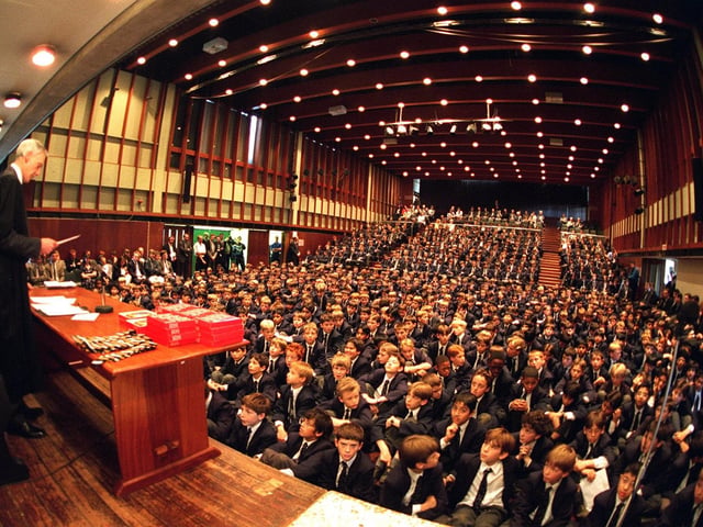 Last assembly. Bryan Collins, headteacher at Leeds Boys Grammar, wishes a fond farewell to staff and pupils at the end of term and the an era for the school on Moorland Road in September 1997. The school was on the move to the newly-built site in Alwoodley.