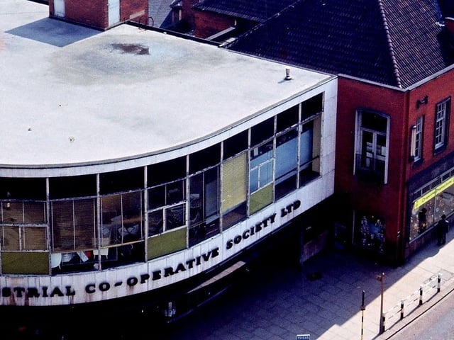 The rooftops of Morley town centre looking towards the south-east from the Town Hall Tower. In the foreground are Society House and the Emporium of Morley Co-op.