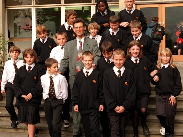 Copperfields College opened in September 1996. Pictured are pupils with headteacher Andrew Hobbs.