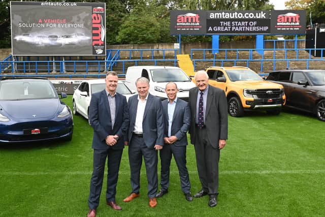 Rhinos' record naming rights deal with AMT Auto was revealed at Headingley on Thursday. From left-right: Rhinos commercial director Rob Oates, chief executive Gary Hetherington, AMT Auto managing director  Neil McGawley and club chairman Paul Caddick. Picture by Leeds Rhinos /Matthew Merrick Photography.