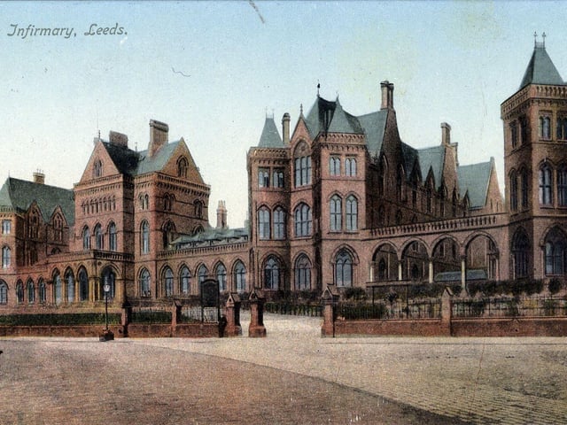 An undated colour-tinted postcard showing Leeds General Infirmary on Great George Street. It opened in May 1868 by the Prince of Wales and replaced the previous hospital on Infirmary Street whose origins dated back to 1768. It was designed by Sir George Gilbert Scott, who was influenced by French hospitals he had seen on a visit with chief physician Dr. Charles Chadwick. The east wing, seen on the right here, was added in the same style by George Corson in 1891-92.