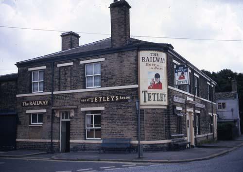 The Railway, a Tetley's public house which was located opposite Drighlington and Adwalton Station at the junction of Birstall Lane (right) and Moorside Road. Pictured in