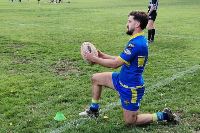 Oulton Raiders' Archie Craggs prepares to take a conversion during the play-off semi-final win at Dewsbury Celtic. Picture by Peter Smith.