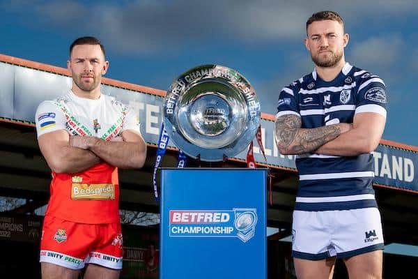 Featherstone's Chris Hankinson, right, with Luke Gale of Keighley at this week's Championship launch. Picture by Allan McKenzie/SWpix.com.