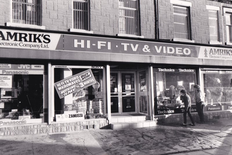 Electrical retailer Amrik's on Harehills Lane was the place to go for hi-fi, TV and video. Pictured in August 1986.