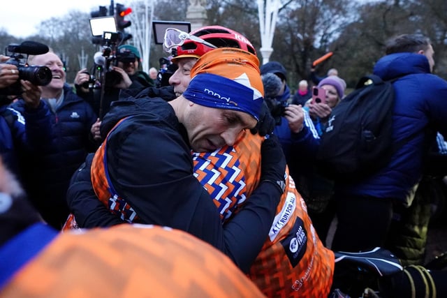 Sinfield hugged his teammates at the finish line and was thronged by members of the press and supporters.