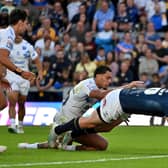 Tom Holroyd scores a try for Leeds Rhinos against Toulouse Olympique. Picture by Matthew Merrick/SWpix.com.